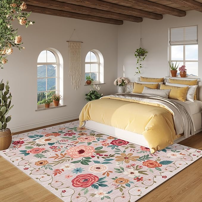 DUKINO 5x7 Area Rug, Floral Rugs for Living Room, Lightweight Non Slip Washable Rug, Indoor Low Pile & Non-Shedding Boho Design Rugs for Bedroom, Living Room, Dining Room, Beige