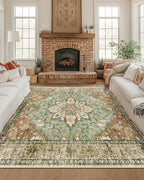 Area Rugs Square 8ft Washable Non-Slip, Floral Vintage Distress Print Pattern Medallion Carpet for Living Room Bedroom Dining Room, Brick Red Rust Neutral Brown Burnt Orange Green