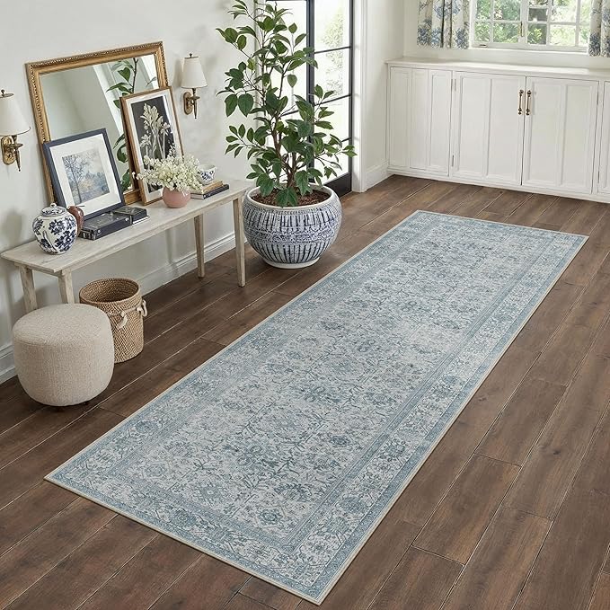 Blue Runner Rug 2x8 Hallway Washable Carpet Soft Vintage Indoor Kitchen Non Slip Bedroom Traditional Retro Distressed Thicker Throw Long Rug Bathroom Laundry Entryway Office Dining Room