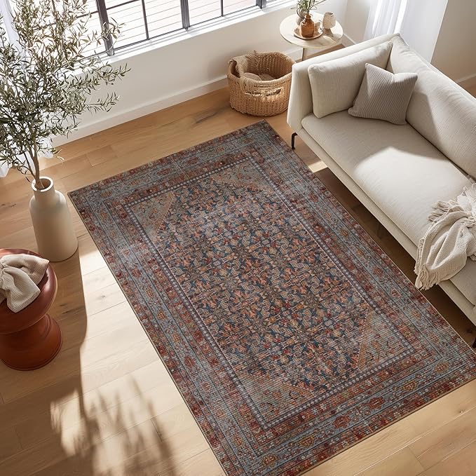 Kuden 6x9 Area Rug, Machine Washable Area Rug with Non-Slip Backing, Vintage Style, Soft, Easy Clean, Low Pile Rug for Living Room, Bedroom, Dining Room