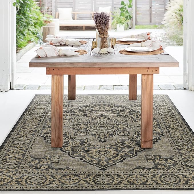 FH Home Flat Woven Outdoor Rug - Waterproof, Easy to Clean, Stain Resistant - Premium Polypropylene Yarn - Vintage - Patio, Deck,Porch,Balcony,Laundry - Ankara - Charcoal - 3ft 11 in x 5ft 6in