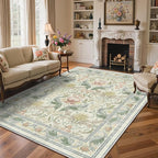 Bavni 8x10 Area Rugs for Living Room, Microfiber Machine Washable Non-Slip Vintage Floral Rug, Low Pile Lightweight Carpet for Bedroom, Dining Room, Home Office, Beige&Green