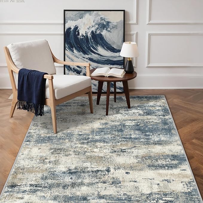 GENIMO 3x5 Rug for Entryway Washable Area Rug, Modern Abstract Small Rugs for Entrance Living Room, Bedroom Beside Rugs, Non-Slip Low Pile Lightweight Soft Carpet, Navy Blue