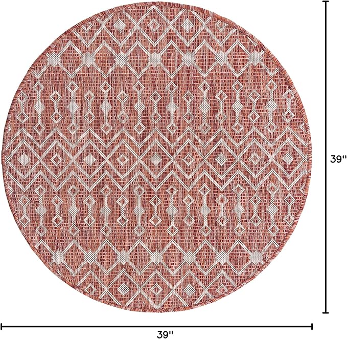 Unique Loom Outdoor Trellis Collection Area Rug - Tribal Trellis (3' 3" Round, Rust Red/ Ivory)