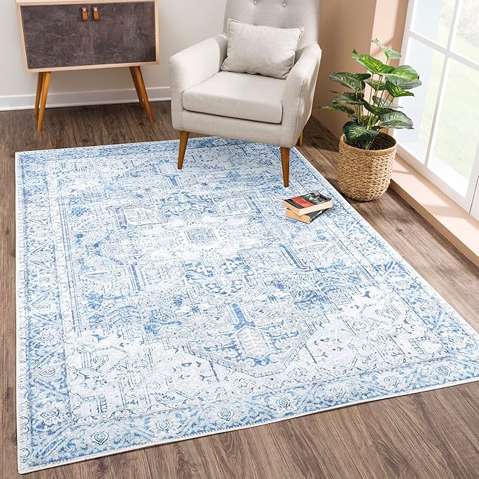Bloom Rugs Washable Non-Slip 4' x 6' Rug - Blue/Gray Traditional Area Rug for Living Room, Bedroom, Dining Room, and Kitchen - Exact Size: 4' x 6'