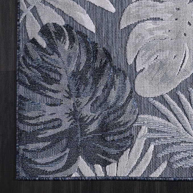 CAMILSON Indoor Outdoor Rug, Navy 10’x14’ Leaf Tropical Botanical Area Rugs for Indoor and Outdoor patios, Easy-Cleaning Non-Shedding Living Room, Garden and Kitchen Washable Outside Carpet (10x14)