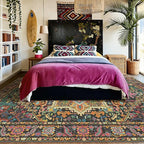 Kokia 8x10 Washable Black and Pink Area Rugs with Vintage Orient Design Soft Rug for Living Room or Bedroom Non-Slip Low Pile Stain Resistance Features Distressed Medallion Pattern