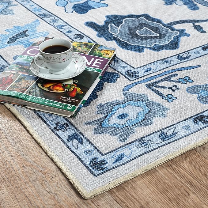 Fame Living Navy Blue Oushak Rug, Modern, Vintage, Turkish, Eclectic, Floral, Pastel, Washable, Extra Large Area Rugs for Living Room, Dining, Bedroom, Lounge, 9'x12'