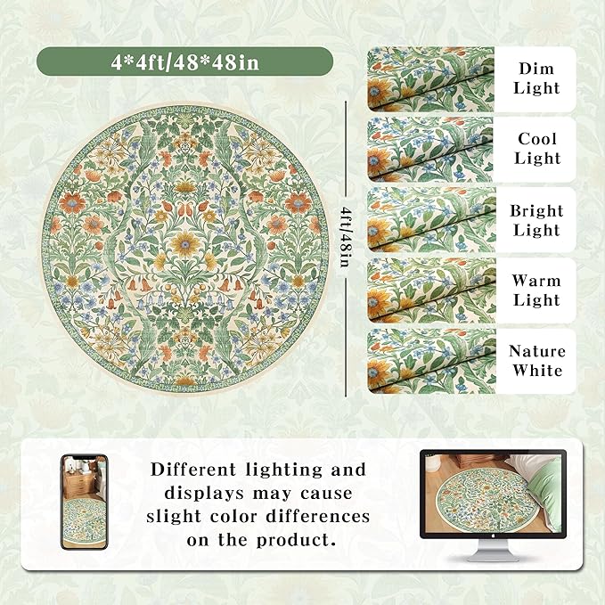 Round Rug 4ft Grass Green Washable Floral Circle Rug,Vintage Boho Botanical Round Area Rugs, Non-Slip Soft Low-Pile Circular Carpet for Bedroom,Kids Room,College Dorm,Home Decor