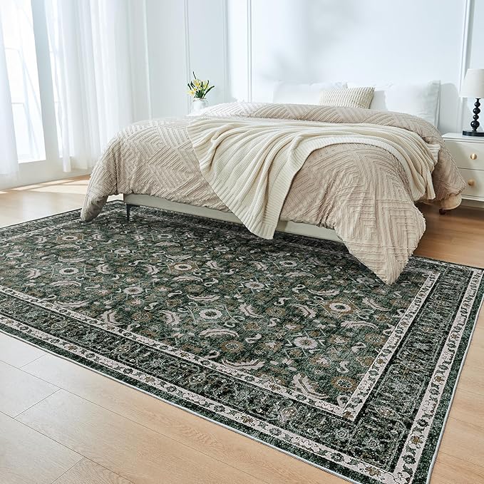 WITSHOCK Living Room Area Rugs 5x8: Soft Non-Slip Backing Washable Rugs Vintage Large Carpet for Bedroom Office Dining Room Kitchen Stain Resistant Home Decor Rug, Dark Green