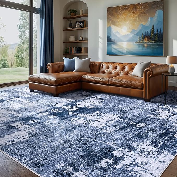 Area Rug Living Room Rugs - 5x8 Washable Large Soft Indoor Neutral Modern Abstract Low Pile Rug Carpet for Bedroom Dining Room Farmhouse Home Office - Navy Blue