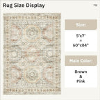 5x7 Area Rugs Brown Pink Low Pile Indoor Washable Trendy Faded Style Rugs for Bedroom Living Room Dining Room Foldable Non-Slip Thin Print Mat