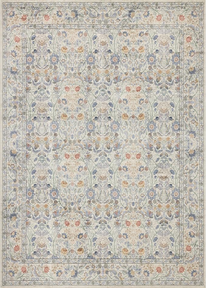 Washable Living Room Rug: 9x12 Boho Floral Soft Area Rug for Bedroom Decor - Vintage Low Pile Thin Carpet for Dining Room Non-Slip - Farmhouse Stain Resistant Rugs - Beige Blue