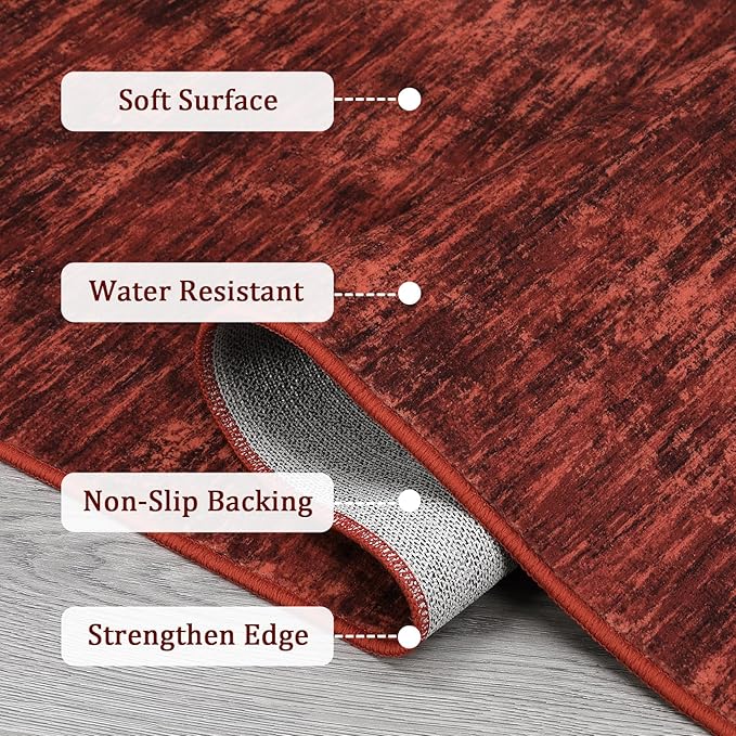 RUGSREAL Living Room Area Rug 9x12 Washable Rug Non-Slip Stain Resistant Modern Abstract Bedroom Rug Contemporary Throw Floor Carpet for Dining Room Solid Area Rug for Home Office, Red