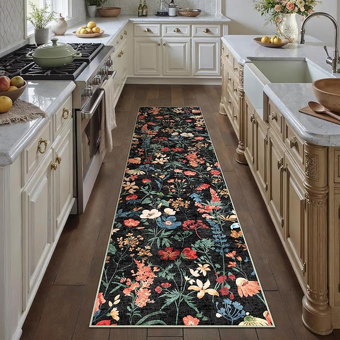 Floral Runner Rug 2x12 Washable Hallway Long Black Bedroom Carpet Non Slip Indoor Boho Kitchen Low Pile Accent Rug Lightweight Soft for Bathroom Dining Laundry Living Room