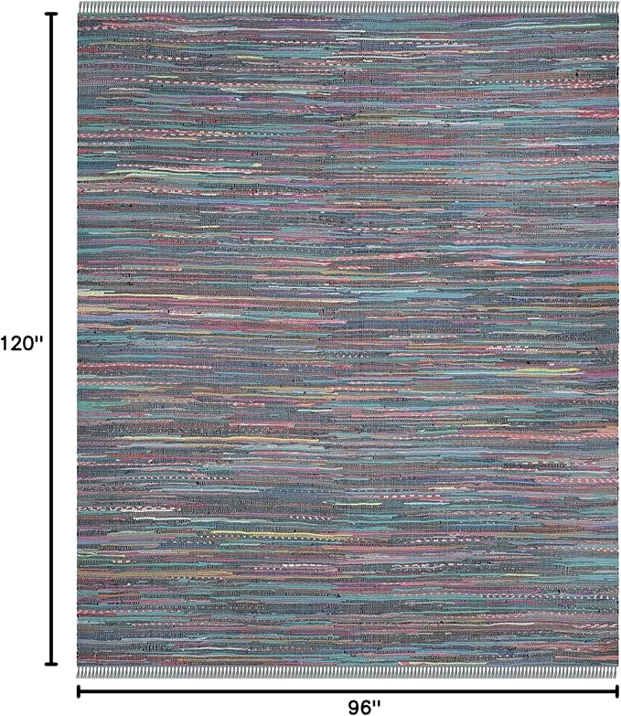 SAFAVIEH Rag Rug Collection Area Rug - 8' x 10', Aqua & Multi, Handmade Boho Stripe Cotton, Ideal for High Traffic Areas in Living Room, Bedroom (RAR121K)