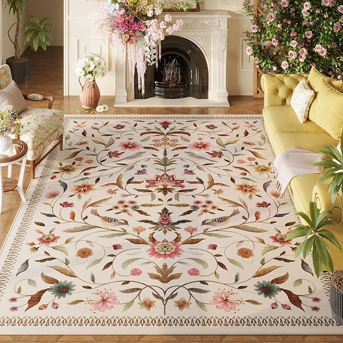 Vintage Medallion Floral Area Rugs 8x10 Clearance, Machine Washable Non-Slip, Low Pile Soft Large Carpet for Living Room, Bedroom, Dining Room, Farmhouse, Kids Playroom, Office | Beige