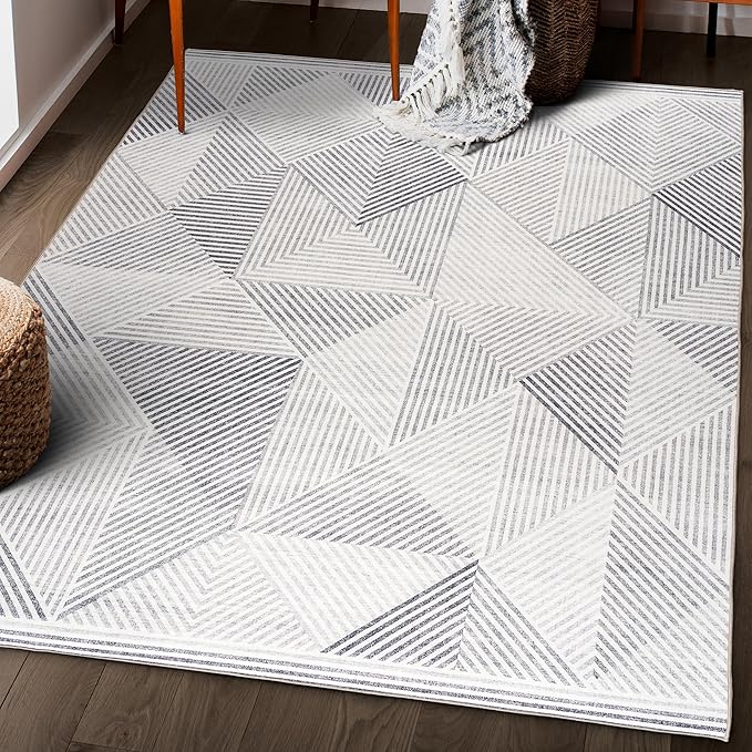 ReaLife Rugs Machine Washable Area Rug - Living Room Bedroom Bathroom Kitchen Entryway Office - Padded Crease Free Stain Resistant Premium - Modern Geometric Contemporary - Miles - Gray 7'6" x 9'6"