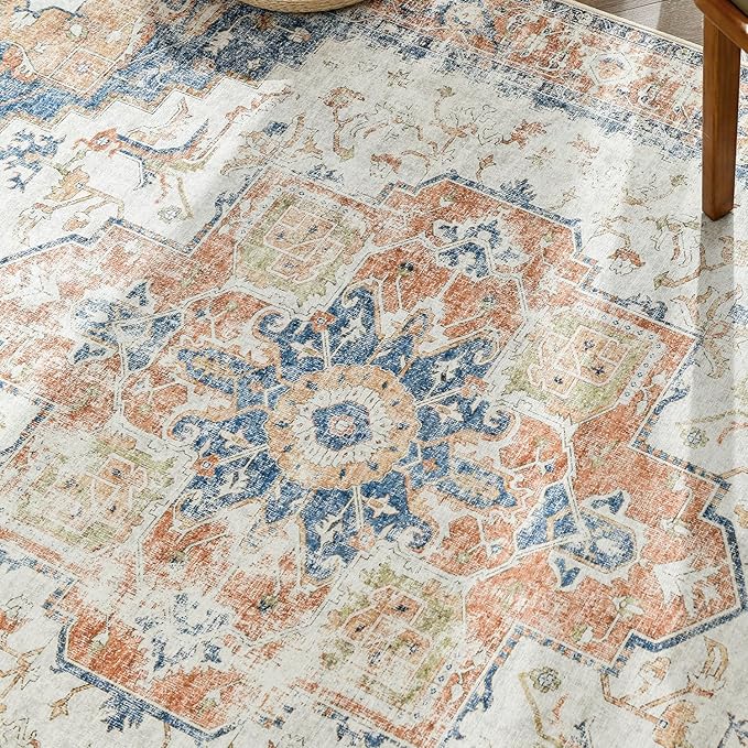 jinchan Kelda Runner Rug 3x8 Vintage Hallway Rug Washable Runner Retro Floor Cover Lightweight Non-Slip Low Pile Thin Distressed Carpet for Entryway Bathroom Laundry Room Bedroom Stairway Orange