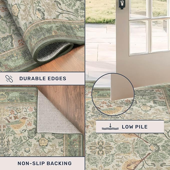 Washable Floral Bird Rugs for Living Room - Sage Green 8x10 Area Rugs for Bedroom Under Bed, Dining Room Kitchen Table Rug for Under Table, Nature Botanical Decor, Stain Resistant Non-Slip