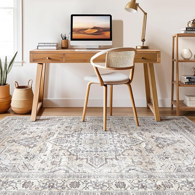 8x10 Area Rugs Living Room: Washable Boho Large Neutral Vintage Soft Rugs Stain Resistant Farmhouse Non Slip Indoor Floor Carpet for Bedroom Nursery Kids Playroom Office Dining Room Home- Ivory Gray