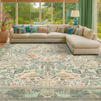 Floral Large Rugs for Living Room 10x14 - Sage Green Area Rug for Dining Room Under Kitchen Table, Large Bedroom, Playroom, Washable Folable Non Skid Low Pile Indoor Carpet