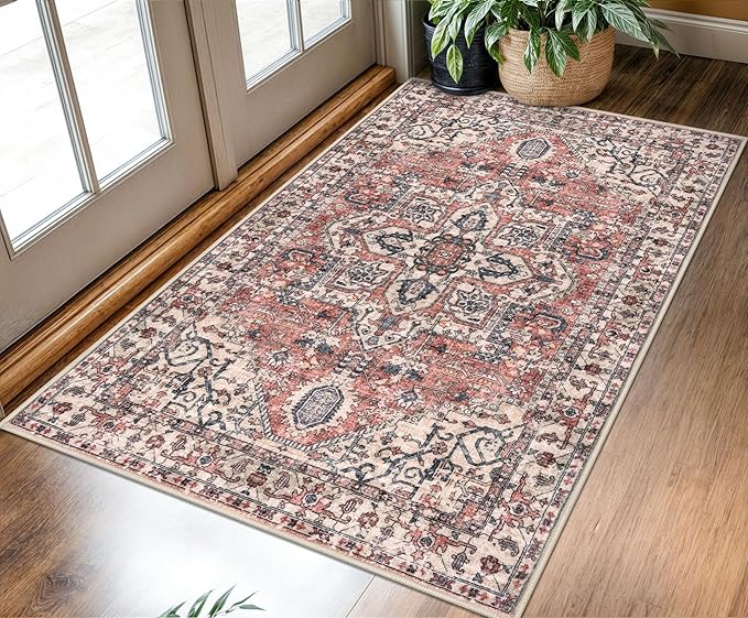 KOZYFLY Boho Area Rug 3x5 Ft Rugs for Entryway Washable Entry Rug Non Slip Door Mat Indoor Entrance Printed Faux Wool Throw Rugs for Entrance Kitchen Living Room, Terracotta/Beige