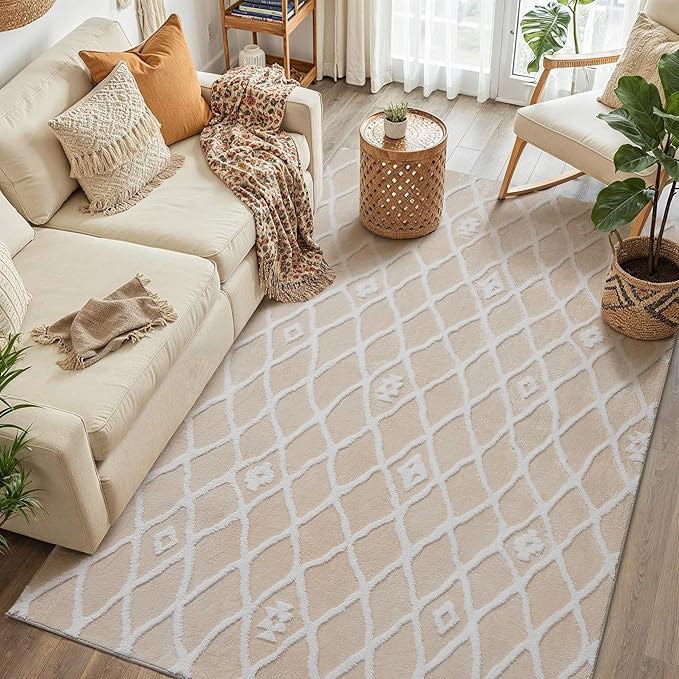 Ivory 5x7 Area Rug Moroccan Shag Living Room Washable Carpet Soft Non Shedding Neutral Boho Plush Pile Modern Large Throw Rug for Kitchen Dining Room Bedroom Office