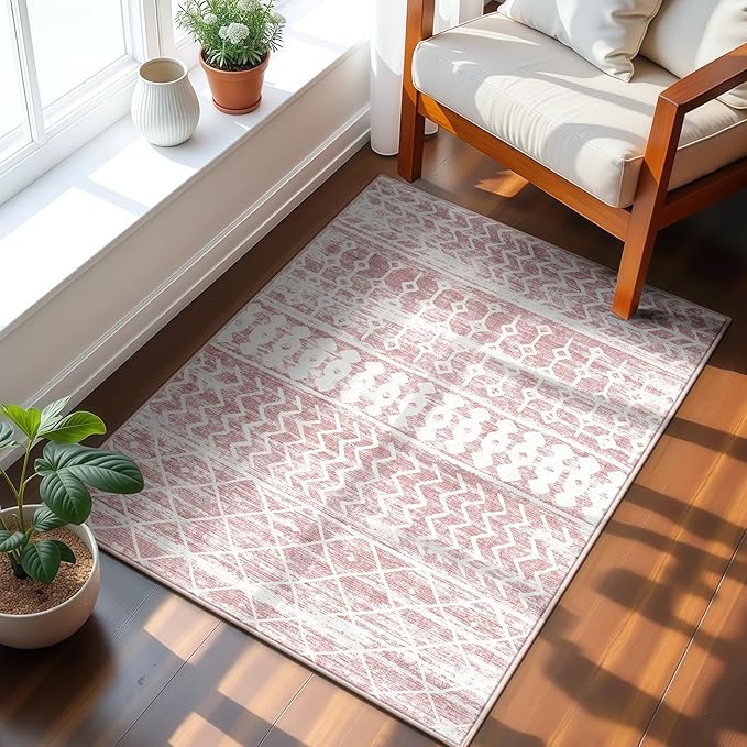 2x3 Machine Washable Area Rug for Entryway, Pink Vintage Moroccan Rug Non-Slip Low Pile Soft Faux Wool Small Carpet, Kids and Pets Friendly for Bedroom Kitchen Hallway Home Decor Rug