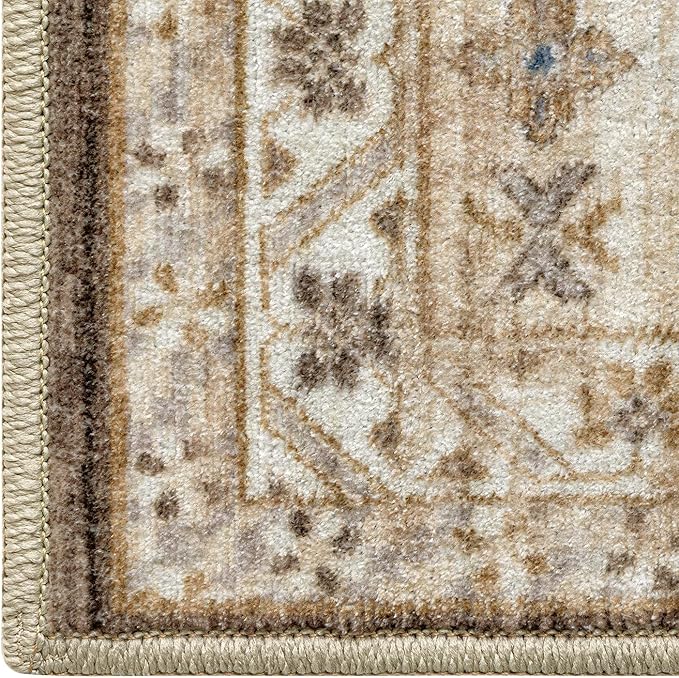 DEXI 8x10 Area Rug for Living Room, Washable Vintage Farmhouse Thin Rug Indoor Floor, Non Slip Stain Resistant Low Pile Carpet for Dining Room Bedroom Office, Light Brown