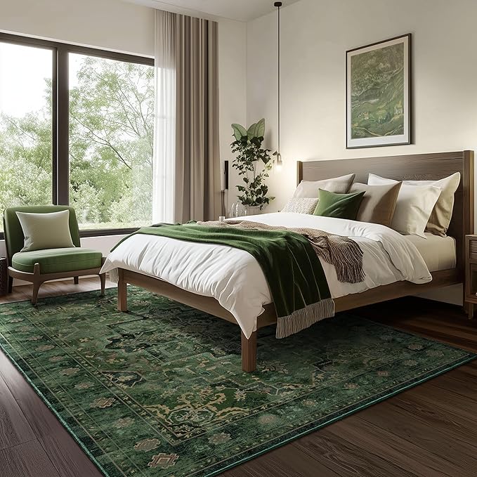 Retro Green Area Rug 7x9 for Living Room, Distressed Medallion Dining Room Rug Under Table, Washable Non Slip Thin Carpet Rugs for Bedroom Under Bed Home Office