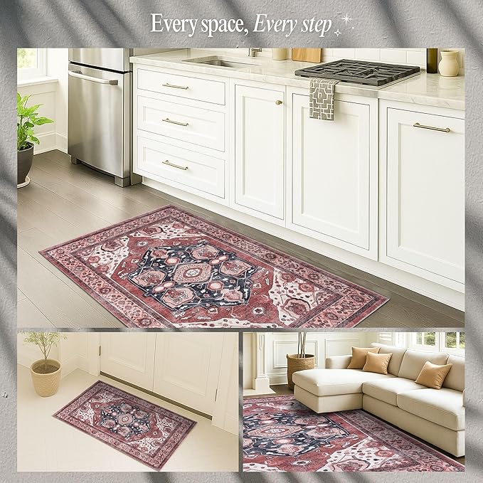 Fame Rugs Turkish Rug. Washable Vintage Oriental Antique Inspired Traditional Doormat Small Modern Area Rugs Luxury Entryway Entry Bedroom Bathroom Kitchen (404RR, 2'5 x 6'9)