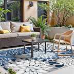 Colorful 6x9 Outdoor Area Rug Washable Multicolored Patio Rug Tropical Botanical Floral Chenille Waterproof Outdoor Carpet Non-Slip for Patio, Deck, Backyard, Porch, Blue