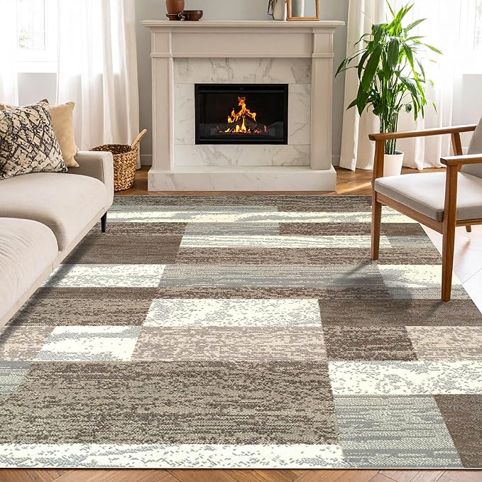 Superior Indoor Area Rug, Jute Backed, Modern Geometric Patchwork Floor Decor for Bedroom, Office, Living Room, Entryway, Hardwood Floors, Rockwood Collection, 5' x 8', Light Blue-Ivory