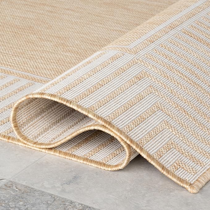 Nuloom Asha Tan/Ivory, 6'7" x 9', Casual, Striped Border, Soft and Cozy, High Traffic, Stain Resistant, Easy Clean, Durable Area Rug for Indoor/Outdoor Patio, Deck, Porch, Garden, Courtyard