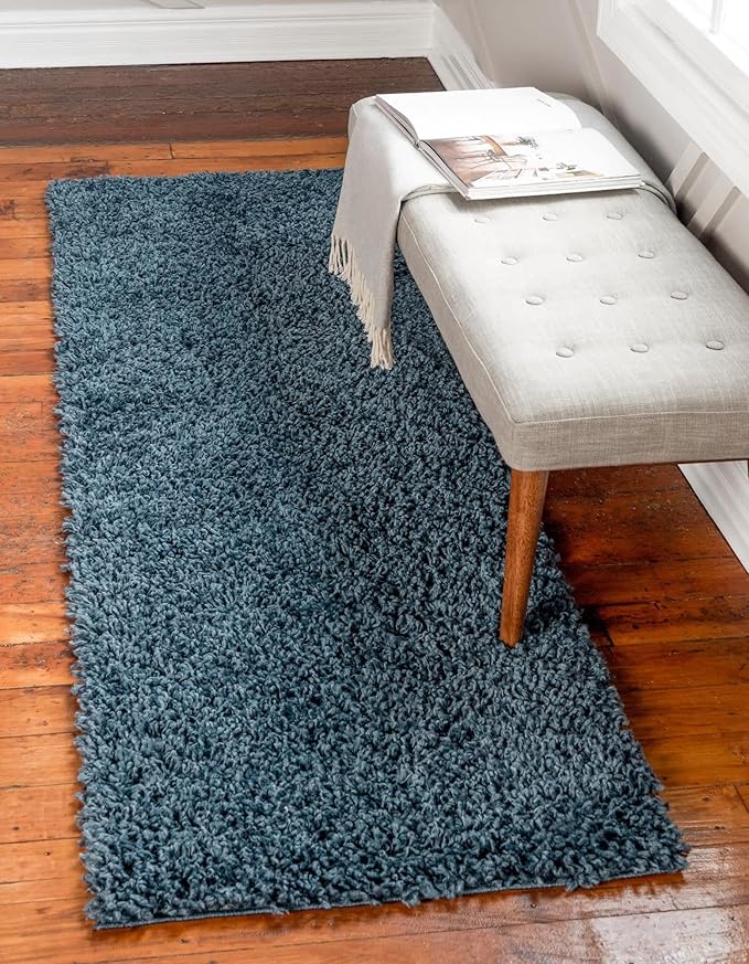 Unique Loom Davos Shag Collection Area Rug - Solid (2' 7" x 16' 5" Runner, Marine Blue)