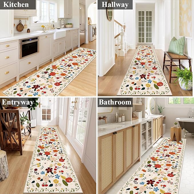U'Artlines Runner Rug for Hallways & Kitchen - 2'6" x 10' Colorful Soft Non Slip Washable Boho Floral Floor Carpet for Entryway, Laundry Room, Bathroom - Beige