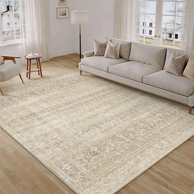 HUGEAR 5x7 Area Rug Beige Vintage Neutral Washable Bedroom Rug Soft Non Slip Distressed Carpet Low Pile Pet Friendly for Living Room Bedside Dining Room