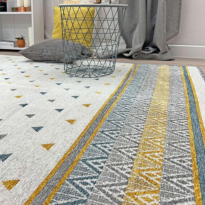 Alfa Rich 5x8 Gold Gray Off White Washable Area Rugs for Living Room Bedroom Kitchen Decor Cotton
