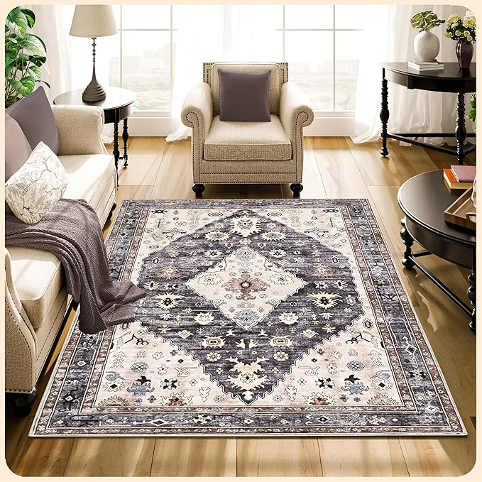 Istana Washable Rugs 3x5 - Dark Grey Blue/Rose Mauve Bedroom Rug - Kid & Pet Friendly 3x5 Area Rug - Rug Non Slip - Foldable Bedroom Rugs - Eco Friendly Area Rug