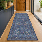 Non Slip 2x10 Dark Blue Hallway Runner - 10ft Long Runner Rugs, Washable Kitchen Floor Mat - Vintage Navy Floral Design Décor