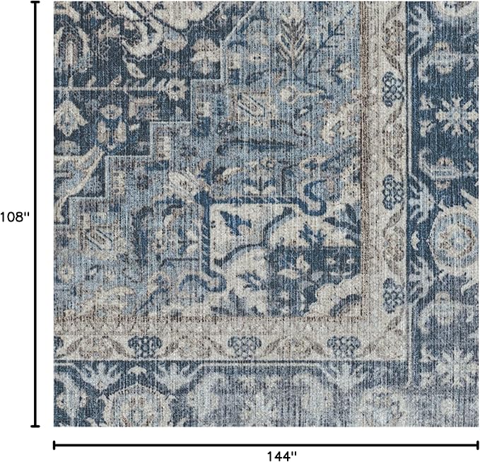 RUGGABLE Washable Area Rug – Kamran Admiral Blue 9x12, Stain-Resistant, Non-Slip – Large Machine Washable Rugs for Living Room, Bedroom, Hallway, Entryway & Office–with Cushioned Pad