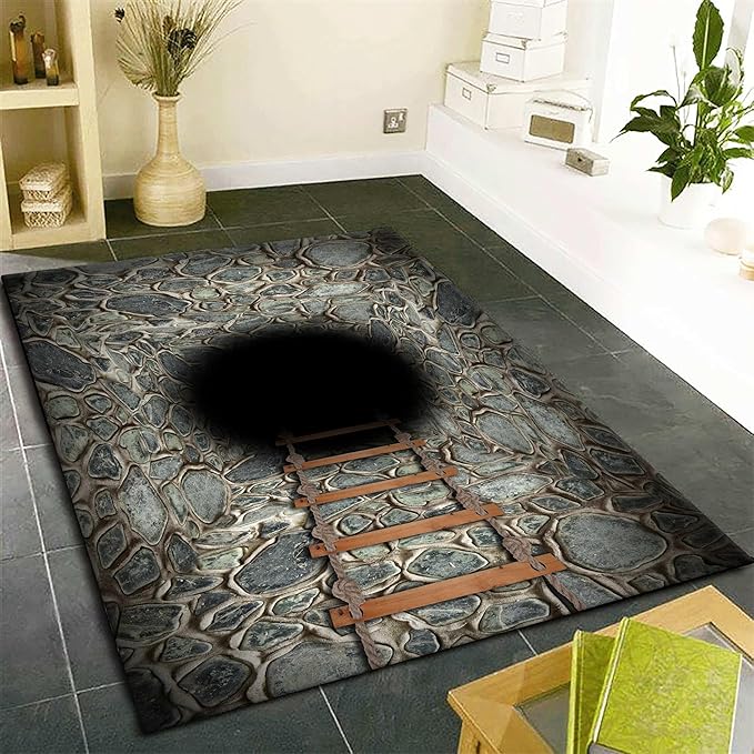 3D Deep Abyss Canyon Indoor Rug, 5x7ft, Stone Built Cave Wooden Ladder Carpet for Entryway, Durable Non-Shedding Pet Friendly Mats, Floor Decor Low Pile Easy Clean Rugs for Family