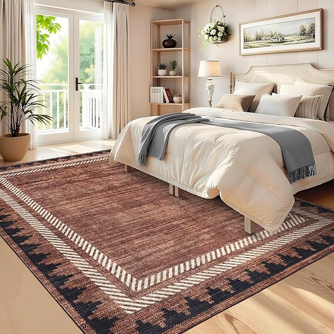 Geometric Bordered 5x7 Washable Low Pile Area Rugs for Bedroom Living Room Playroom Modern Non Slip Foldable Soft Indoor Carpet Stain Resistant Non-Shedding Dining Room Farmhouse Rug, Brick Red