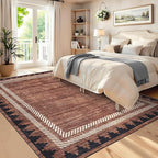 Geometric Bordered 5x7 Washable Low Pile Area Rugs for Bedroom Living Room Playroom Modern Non Slip Foldable Soft Indoor Carpet Stain Resistant Non-Shedding Dining Room Farmhouse Rug, Brick Red