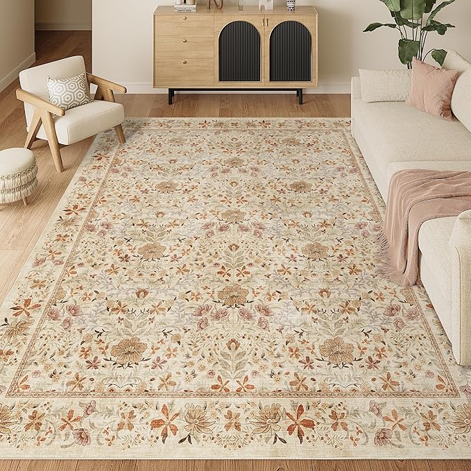 DUKINO 8x10 Area Rugs for Living Room, Vintage Floral Washable Rug with Non Slip Backing, Soft Low Pile & Non-Shedding Large Carpets for Bedroom, Farmhouse, Dining Room, Home Office, Beige