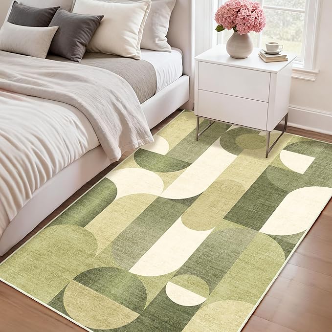 Green Rug 3x5 Washable Area Rugs for Bedroom Living Room Kitchen Entryway Bedside,Modern Geometric Non Slip Small Carpet