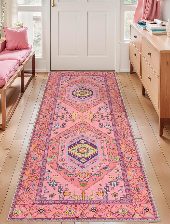 SERISSA Washable Kitchen Runner Rug, 2x6 Non-Slip Fuchsia Pink Runner Rugs for Hallway, Ultra Soft Cute Boho Aesthetic Low-Pile Floor Carpet for Bedroom Bathroom Laundry Living Room