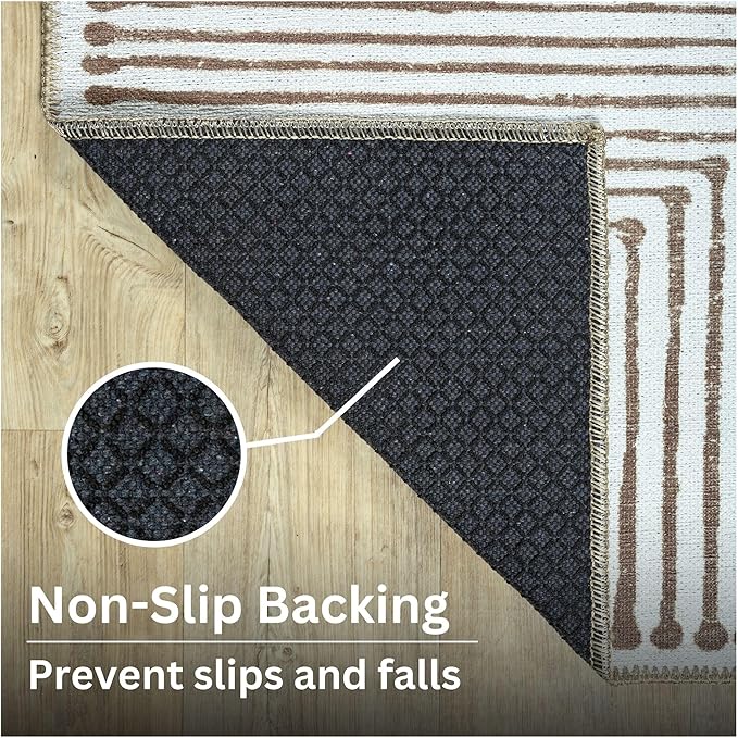 Bloom Rugs Washable Non-Slip 12 ft Runner - Brown Striped Runner for Entryway, Hallway, Bathroom, and Kitchen - Exact Size: 2.5' x 12'