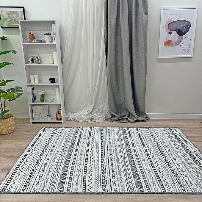 Alfa Rich 4x6 Blue Gray White Washable Area Rugs for Living Room Bedroom Kitchen Cotton Decor Rug